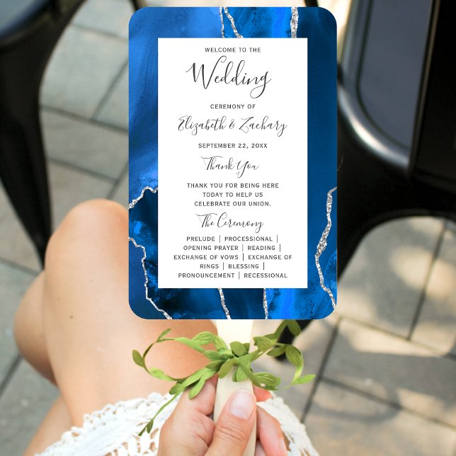 Royal Blue Silver Agate Wedding Program Hand Fan (Creator Uploaded)