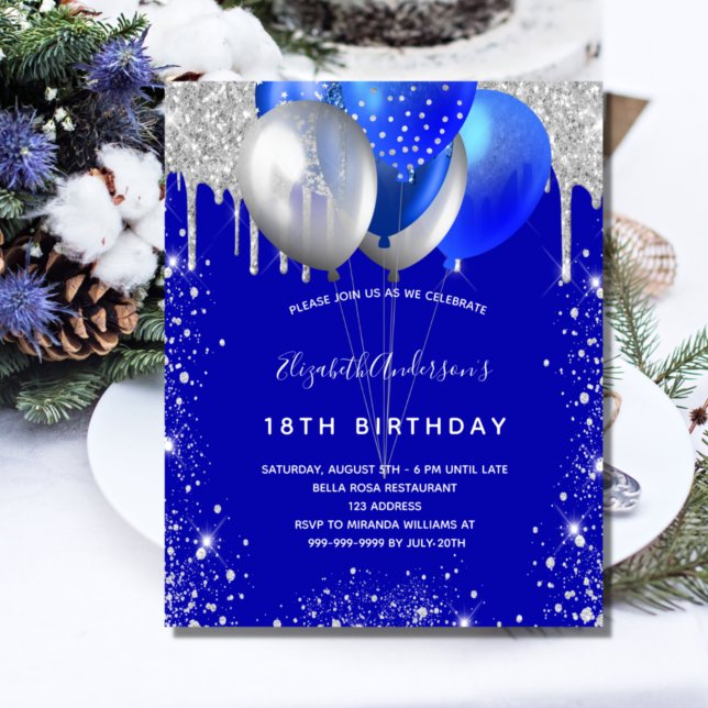 Royal blue silver balloons birthday invitation (Creator Uploaded)