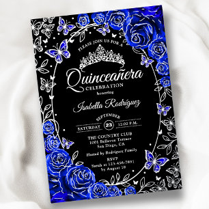 Royal Blue Silver Black Roses Quinceanera