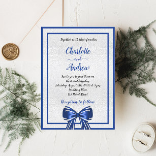 Royal blue silver bow elegant luxury wedding invitation