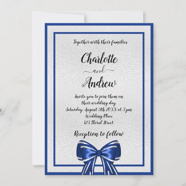 Royal blue silver bow elegant wedding invitation (Front)