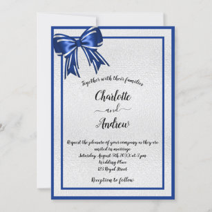 Royal blue silver bow metal elegant wedding invitation