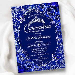 Royal Blue Silver Butterflies Roses Quinceanera