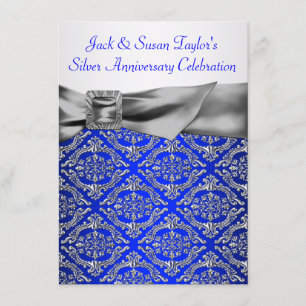 Royal Blue Silver Damask Silver 25th Anniversary Invitation