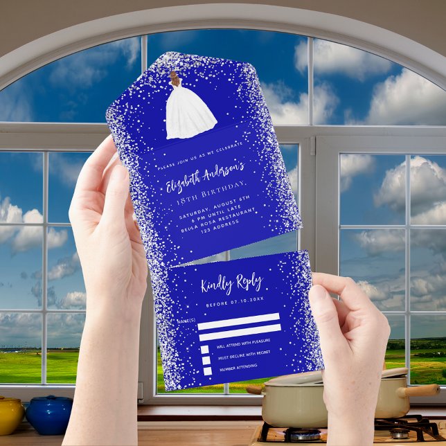 Royal blue silver dress glitter birthday rsvp all in one invitation (Creator Uploaded)