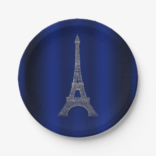Royal Blue Silver Eiffel Tower Paris Chic Wedding Paper Plate
