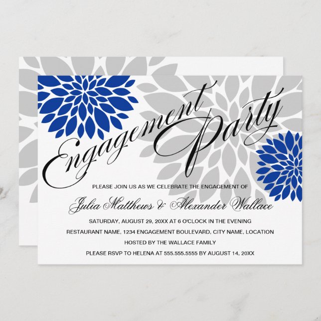 Royal Blue Silver Floral Burst Engagement Party Invitation (Front/Back)