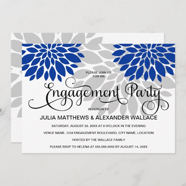 Royal Blue Silver Floral Burst Engagement Party Invitation (Front/Back)