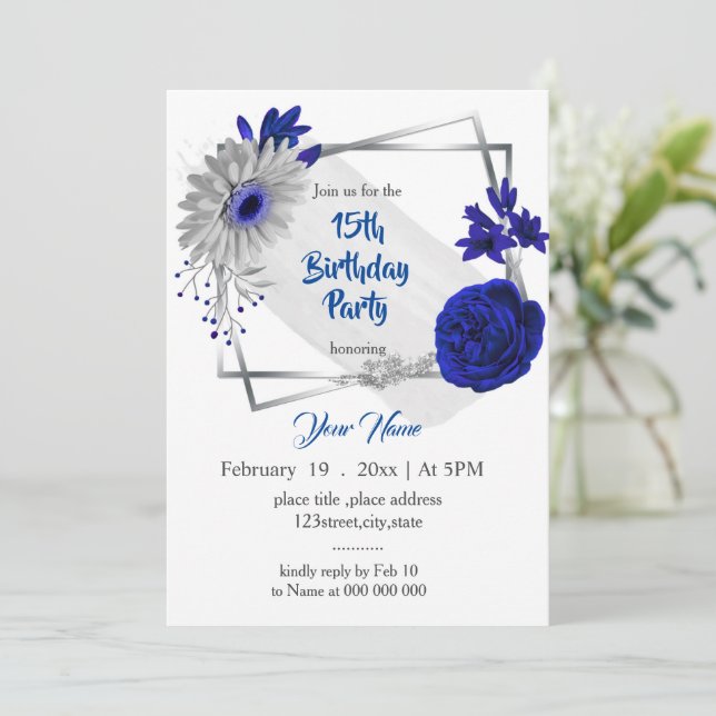 royal blue silver floral geometric birthday invitation (Standing Front)