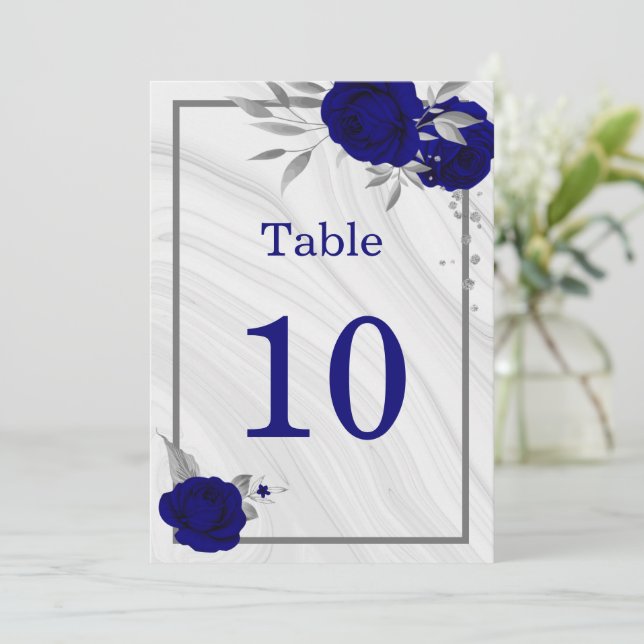 royal blue silver floral geometric table number (Standing Front)
