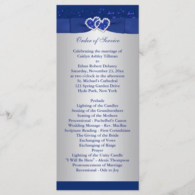 Royal Blue, Silver Floral Hearts Wedding Program Programme (Front)