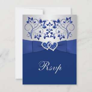 Royal Blue, Silver Floral, Hearts Wedding RSVP Card