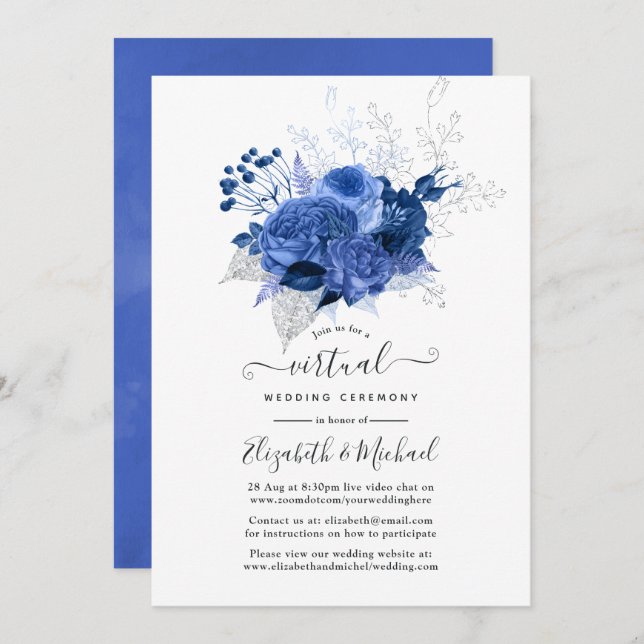 Royal Blue & Silver Floral Online Virtual Wedding Invitation (Front/Back)