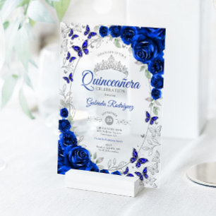 Royal Blue Silver Floral Quinceanera Acrylic Invitations
