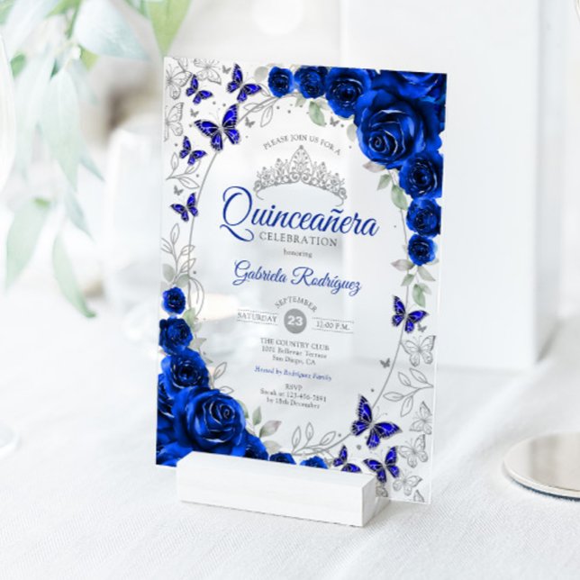 Royal Blue Silver Floral Quinceanera Acrylic Invitations (Creator Uploaded)
