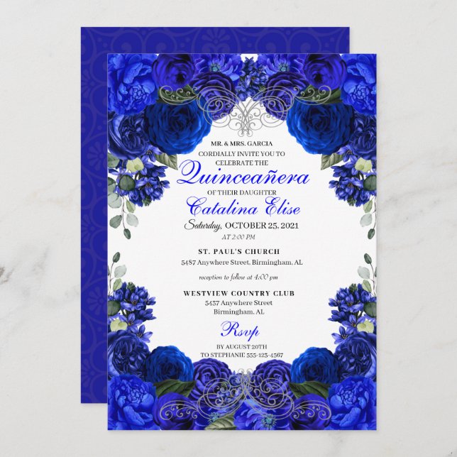 Royal Blue & Silver Floral Quinceanera Birthday Invitation (Front/Back)