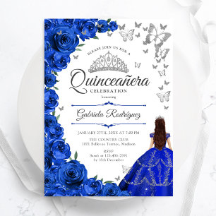 Royal Blue Silver Floral Quinceanera Invitation