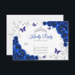Royal Blue Silver Floral Quinceanera Reply RSVP Card<br><div class="desc">Royal blue silver floral Quinceanera RSVP reply card. Features,  script font,  silver butterflies,  watercolor roses and tiara. Perfect for an elegant princess style glam celebration. Personalize with your own details.</div>