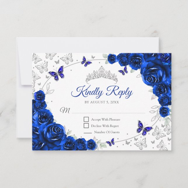 Royal Blue Silver Floral Quinceanera Reply RSVP Card (Front)