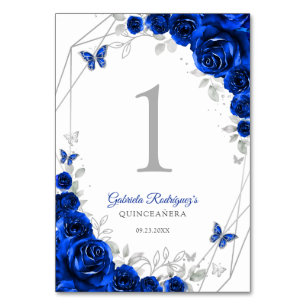 Royal Blue Silver Floral Quinceanera Table Number