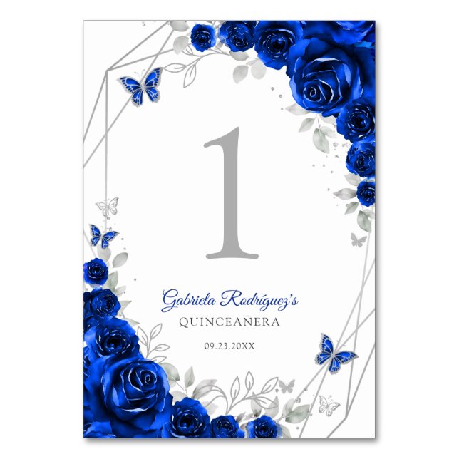 Royal Blue Silver Floral Quinceanera Table Number (Front)