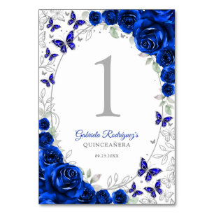 Royal Blue Silver Floral Quinceanera Table Number