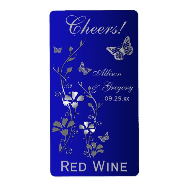 Royal Blue, Silver Floral Wedding Bottle Label (Front)