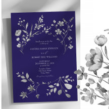 Royal Blue Silver Floral Wedding Invite