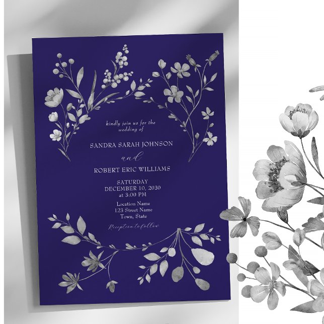 Royal Blue Silver Floral Wedding Invite (Creator Uploaded)