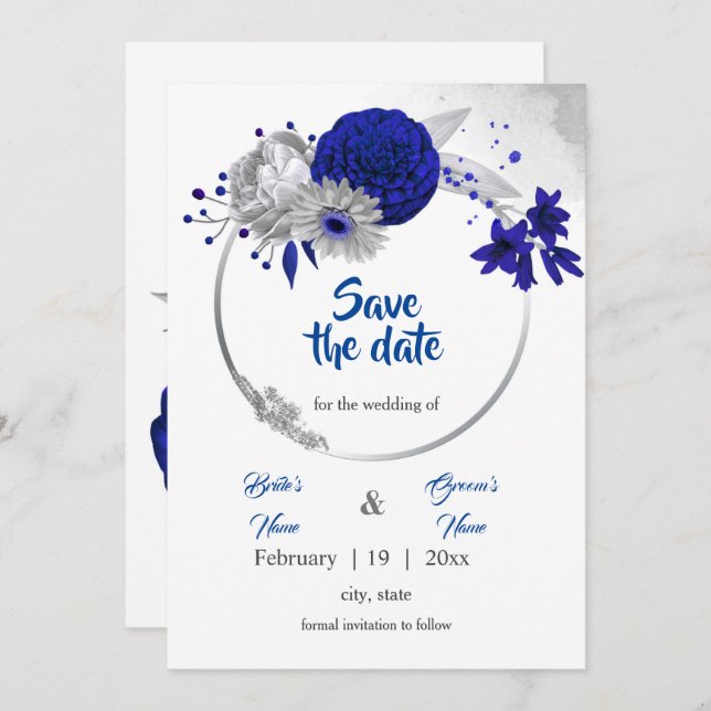 royal blue silver floral wreath save the date invitation (Front/Back)