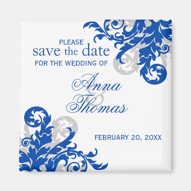Royal Blue Silver Flourish Save The Date Magnet (Front)