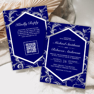 Royal Blue Silver Flourish Swirl QR Code Wedding Invitation