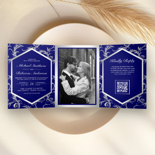 Royal Blue Silver Flourish Swirl QR Code Wedding Tri-Fold Invitation
