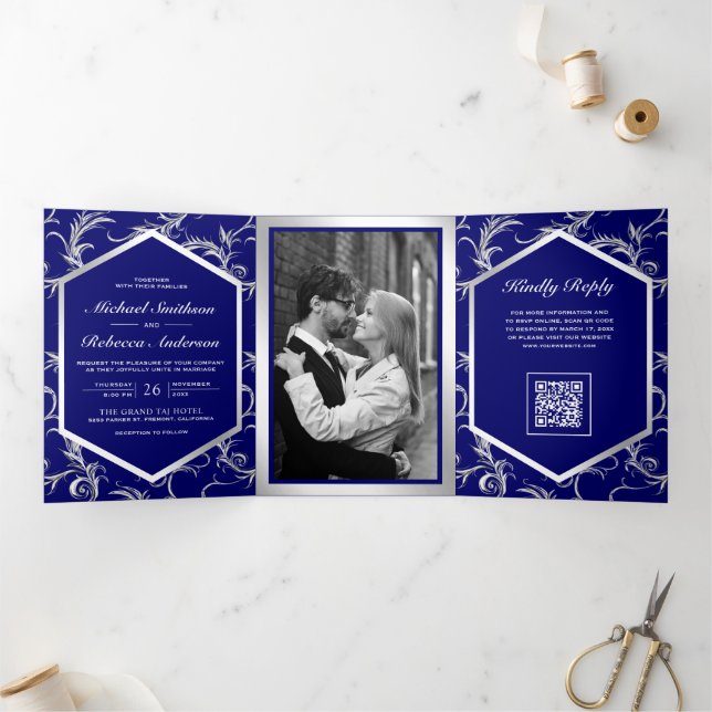 Royal Blue Silver Flourish Swirl QR Code Wedding Tri-Fold Invitation (Inside)