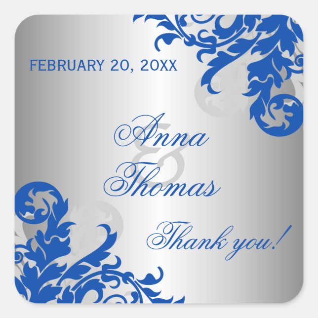 Royal Blue Silver Flourish Wedding Favour Square Sticker (Front)