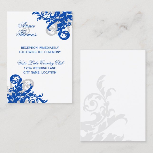 Royal Blue Silver Flourish Wedding Reception Enclosure Card (Front/Back)