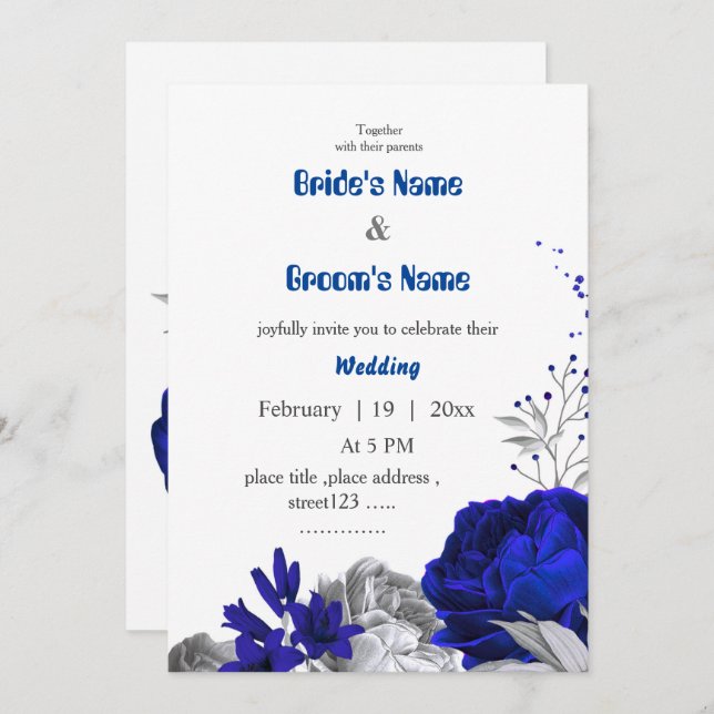 royal blue & silver flowers botanical wedding invitation (Front/Back)