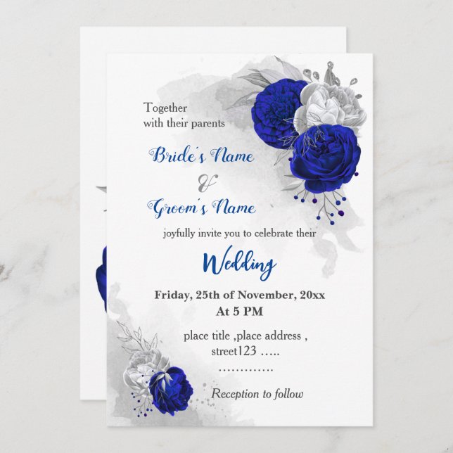 royal blue & silver flowers botanical wedding invitation (Front/Back)