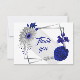 royal blue silver flowers geometric thank you card