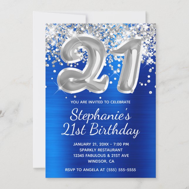 Royal Blue Silver Glitter Balloon 21st Birthday Invitation (Front)