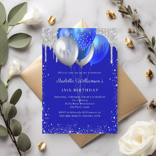 Royal blue silver glitter balloons birthday invitation