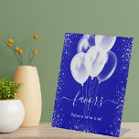 Royal blue silver glitter balloons favours guest pedestal sign<br><div class="desc">A royal blue background. Decorated with faux silver glitter sparkles and white balloons. With the text: Favours,  please take one!</div>