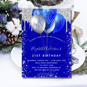 Royal blue silver glitter drips balloons birthday invitation