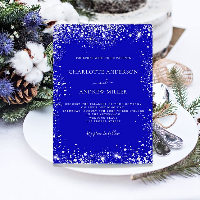 Royal blue silver glitter elegant wedding Invitation (Creator Uploaded)