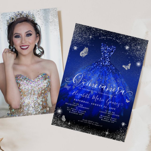 Royal Blue Silver Glitter Gown Photo Quinceanera Invitation (Creator Uploaded)