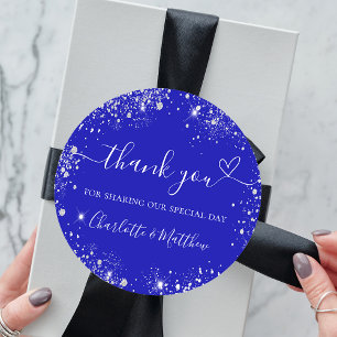 Royal blue silver glitter heart thank you wedding classic round sticker