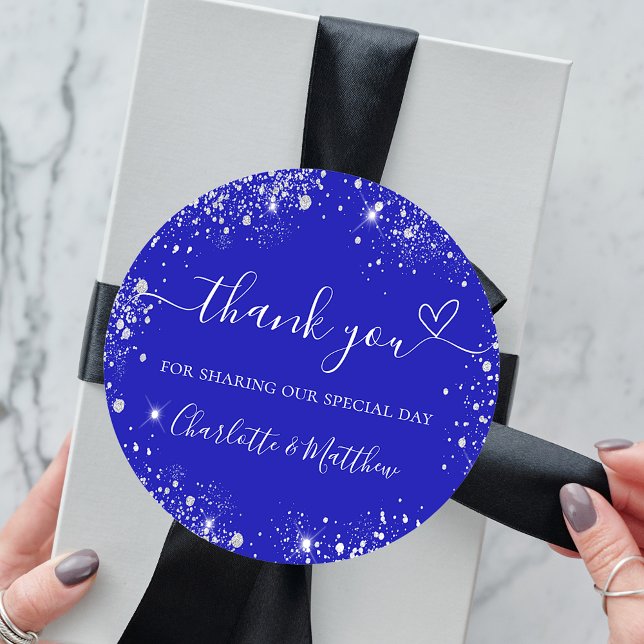 Royal blue silver glitter heart thank you wedding classic round sticker (Creator Uploaded)