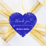 Royal blue silver glitter heart thank you wedding heart sticker<br><div class="desc">A royal blue background. Decorated with faux silver glitter,  sparkles and a heart. Personalise and add your names. With the text: Thank you for sharing our special day.</div>
