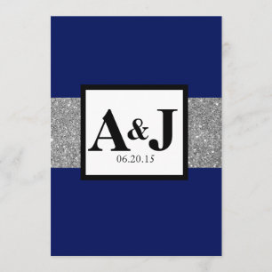 Royal Blue Silver Glitter Monogram Wedding Invite