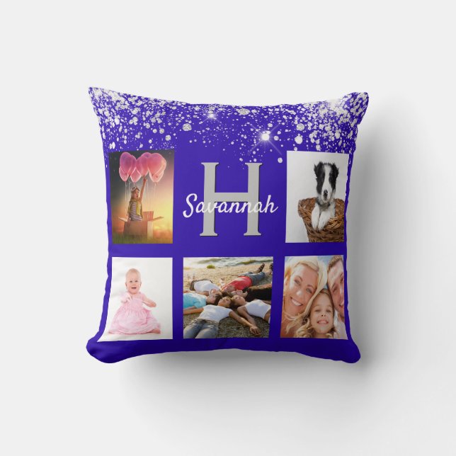 Royal blue silver glitter photo collage name cushion (Front)